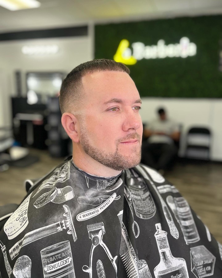 Beard shaped over a fade, front view, La Barberia