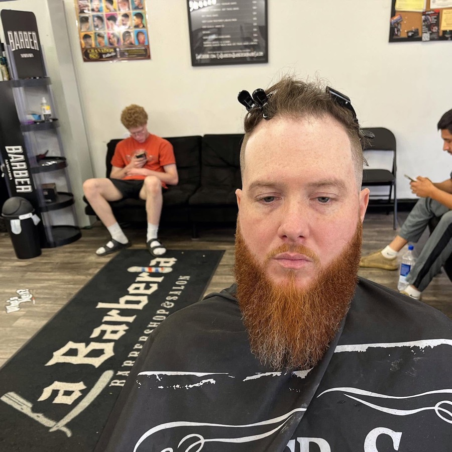 Full ginger beard lined up, front view, La Barberia
