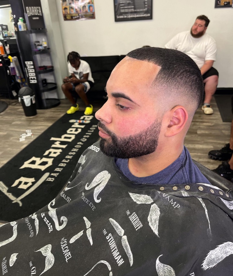 Beard shaped over a fade, side view, La Barberia