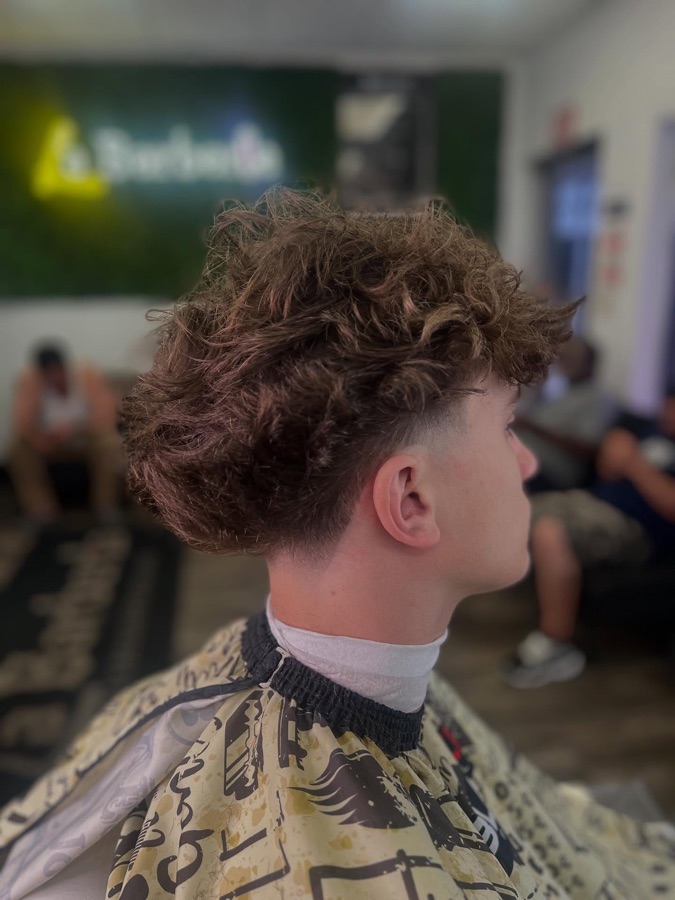 Curly textured top blended into a low fade, La Barberia