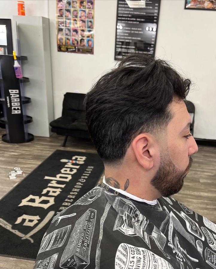 Side fade blended into a full beard, La Barberia
