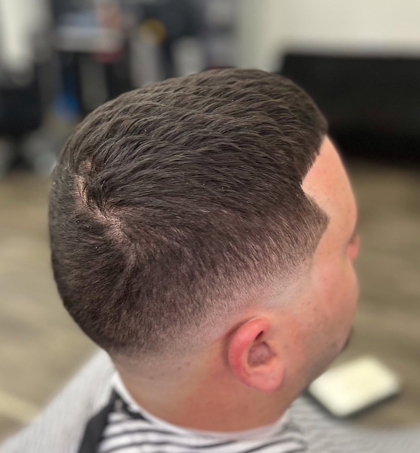Brown textured fade, side view, La Barberia