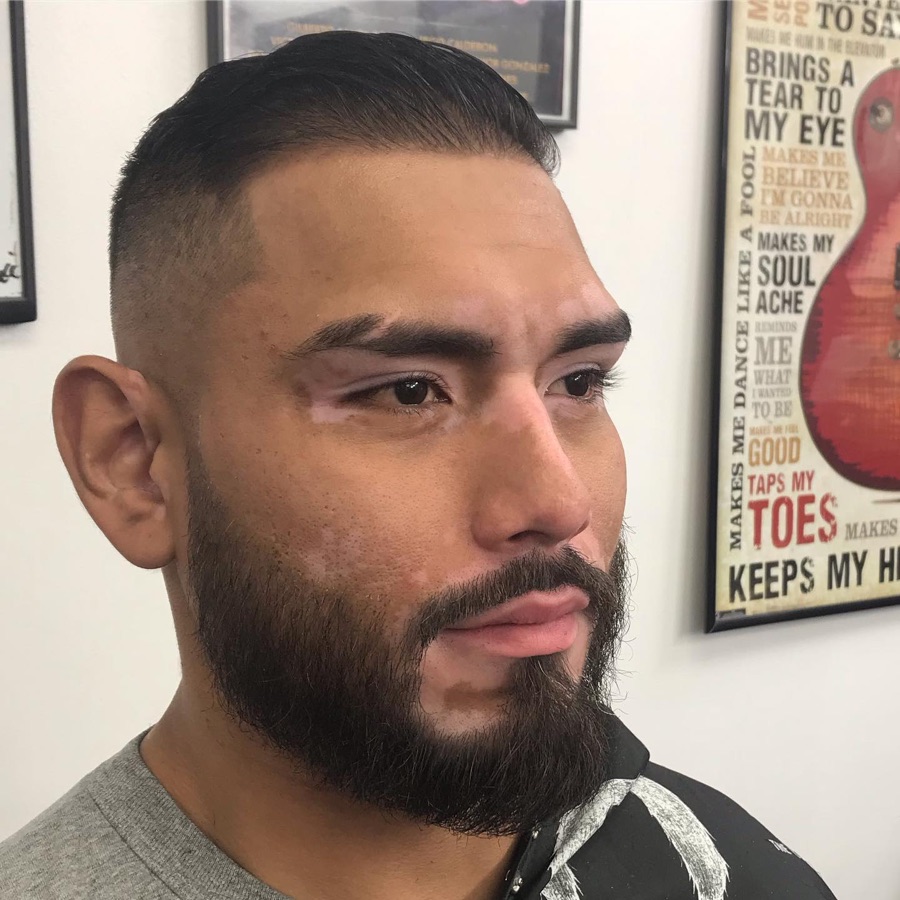 Full beard with a crisp fade, front view, La Barberia