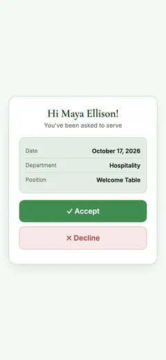 Non-Profit Volunteer Scheduler, one-tap response screen