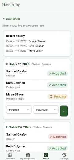 Non-Profit Volunteer Scheduler, team schedule screen