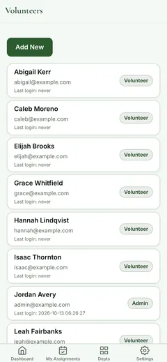 Non-Profit Volunteer Scheduler, volunteer roster screen