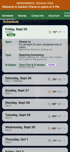 Week Long Event Schedule and Guide, daily schedule screen