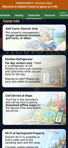 Week Long Event Schedule and Guide, camp info screen