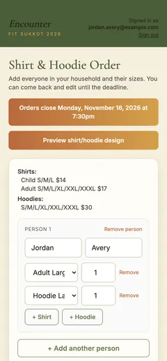 One Time Event Product Orders, household order form screen