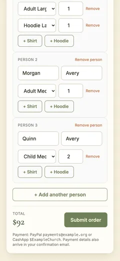 One Time Event Product Orders, review and total screen