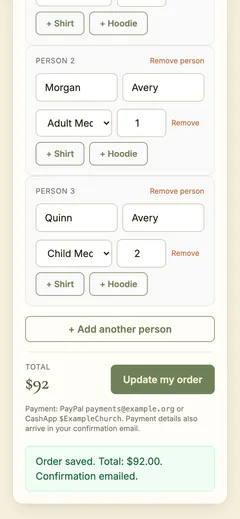One Time Event Product Orders, order confirmed screen