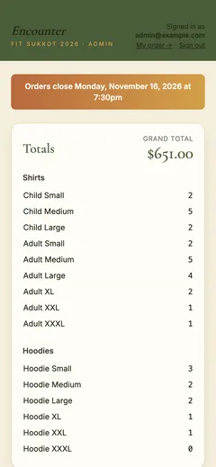 One Time Event Product Orders, size totals screen