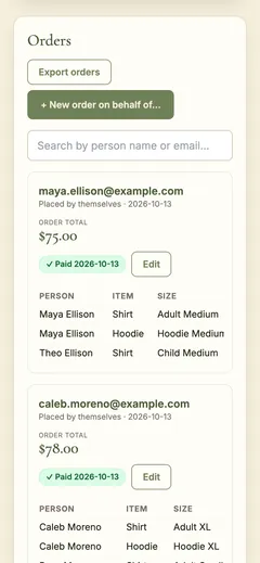 One Time Event Product Orders, order management screen