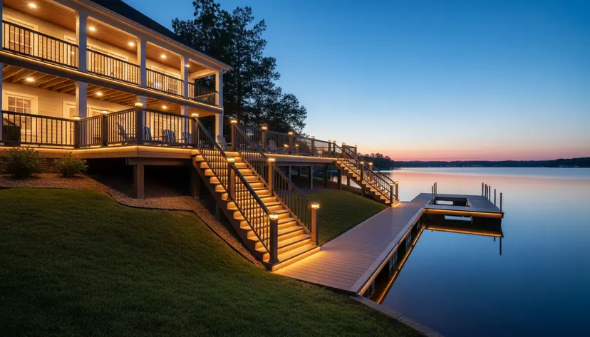 Two-level lake-house deck with lit post caps and a lit stair running down the lawn at dusk