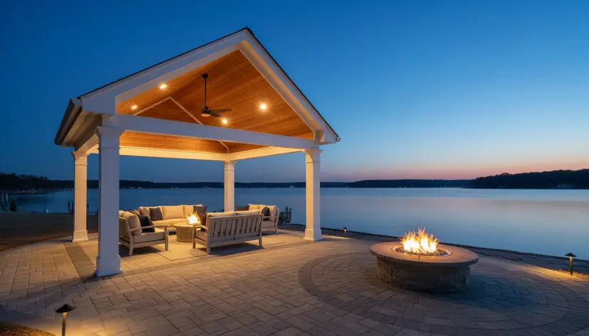 Gabled lakeside cabana with lounge seating and a stone fire pit at dusk