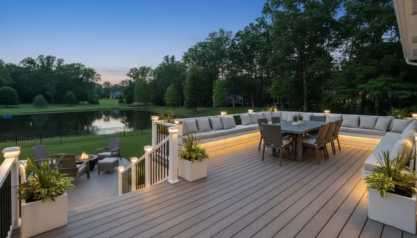Deck with built-in bench and planters at dusk