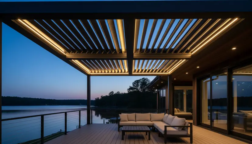 Louvered roof over a lake deck at dusk