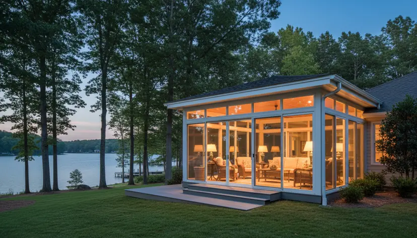 Three-season sunroom at dusk
