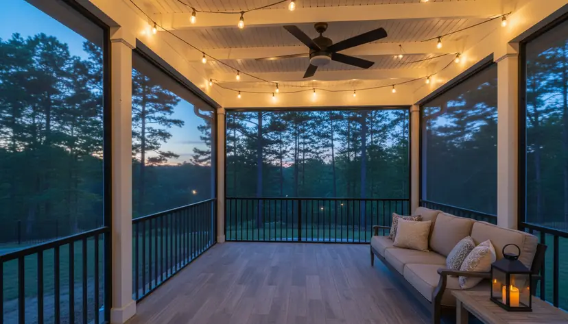 Wood-framed screened porch interior lit in the evening