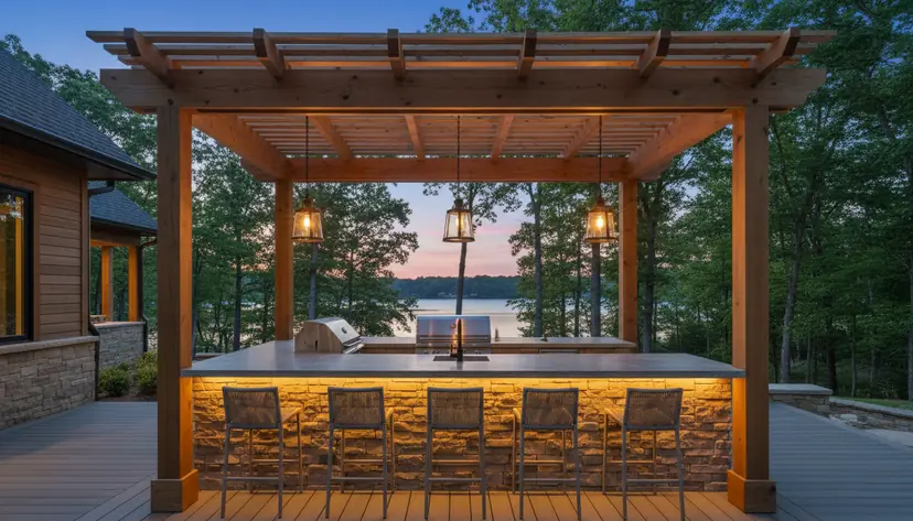 Outdoor kitchen with a built-in grill and a stone-faced bar under a cedar pergola