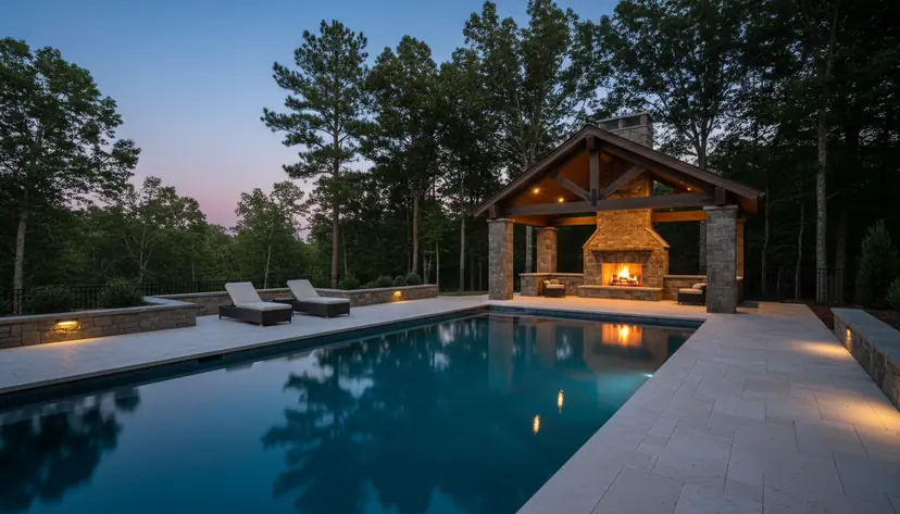 Cabana with a lit stone fireplace at the end of a pool deck at dusk