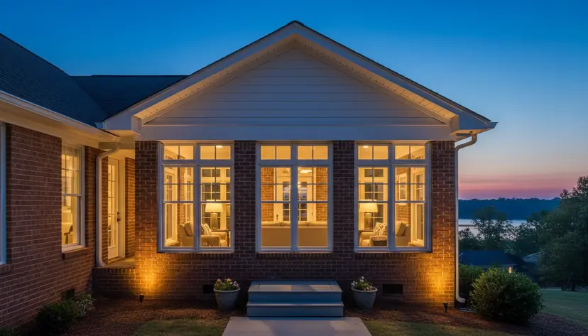 Porch converted to a room at dusk