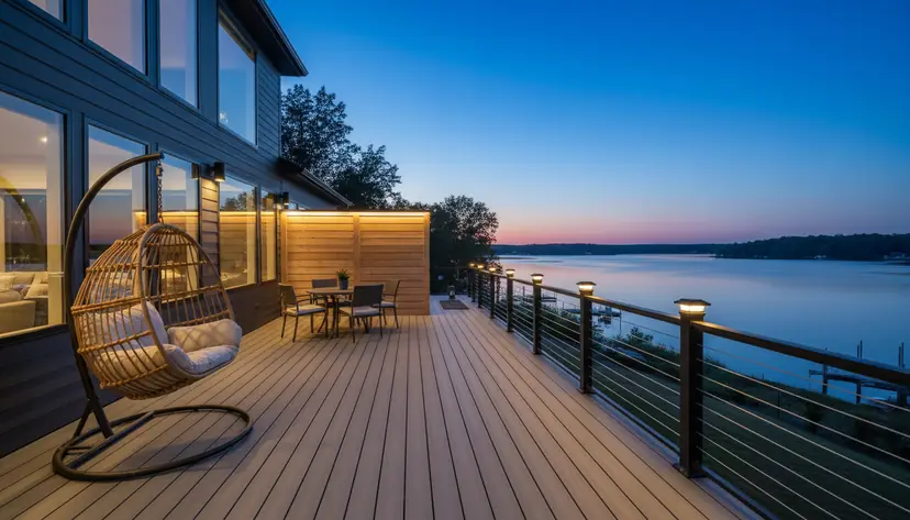 Composite deck with a wood-slat privacy wall beside the house, a cable rail with lit post caps and a lake view