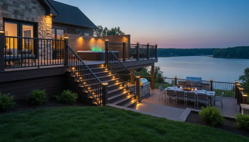 Two-level deck with lit stairs, a sunken hot tub and LED lighting along the coping at dusk