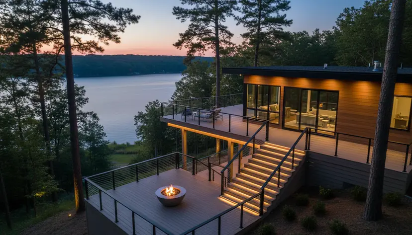 Wraparound deck with lower platform at dusk