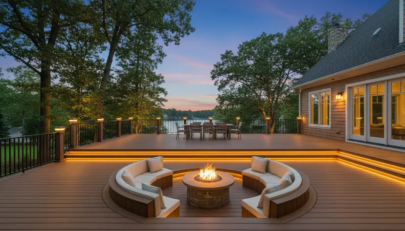Split-level composite deck with a sunken fire pit lounge and light under the step edges