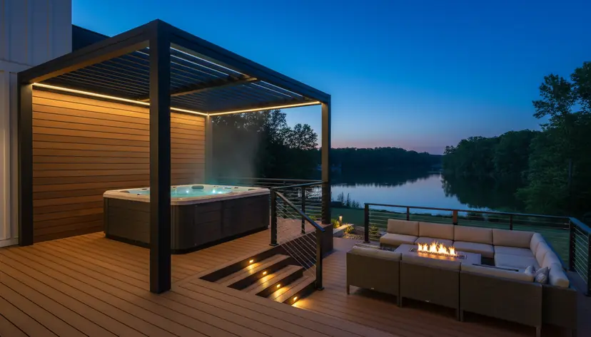 Hot tub deck with louvered pergola at dusk