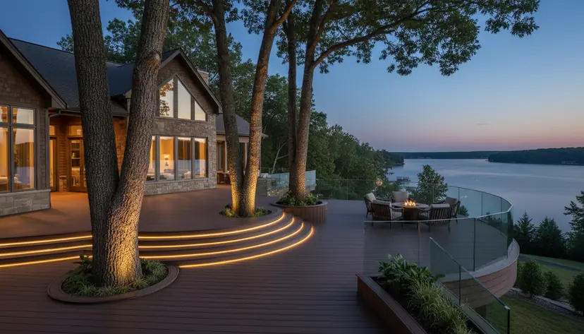 Curved deck wrapping the trees with wide lit steps and a curved glass rail