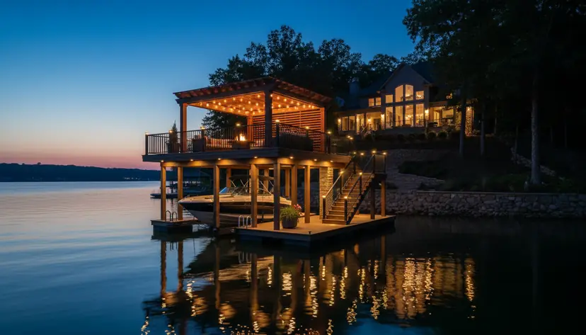 Covered upper deck with lit stair at dusk