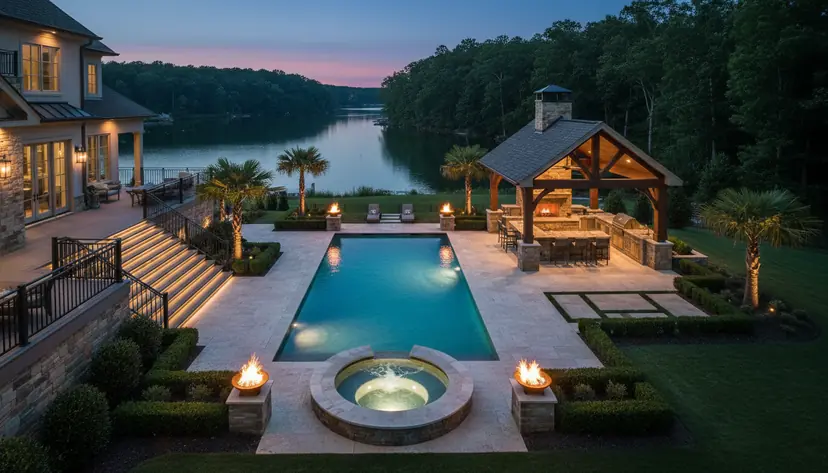 Pool cabana with an outdoor kitchen and fire bowls beside a pool deck at dusk