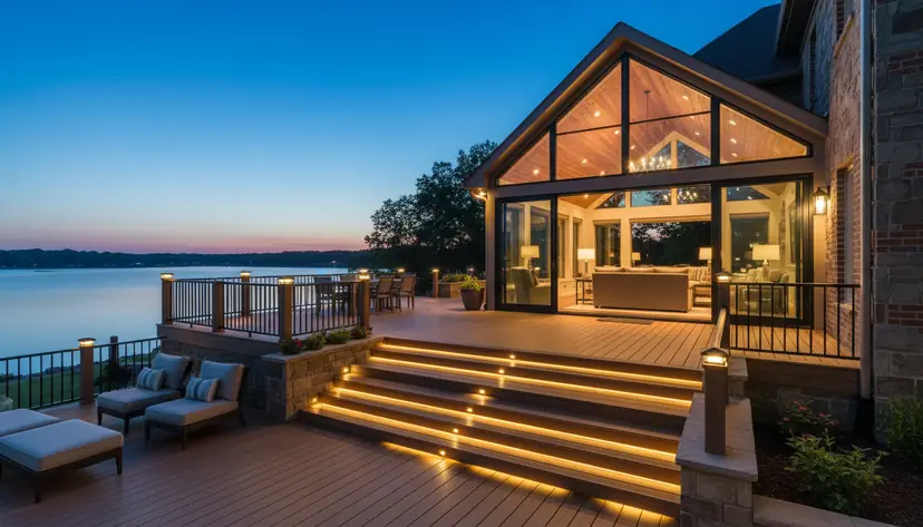 Glass sunroom on a terraced deck at dusk