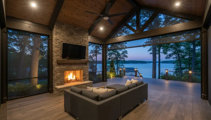 Covered outdoor living room with a fireplace, TV and screens facing the lake