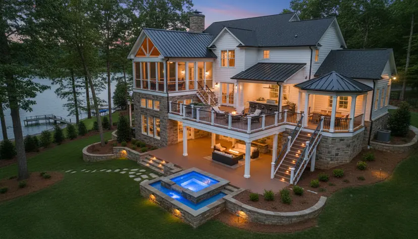 Multilevel deck with pavilions and spa at dusk