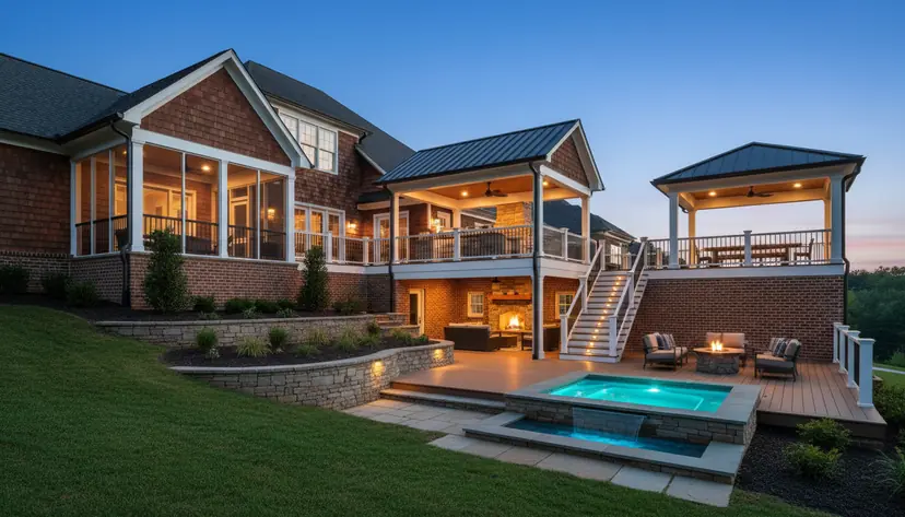 Terraced deck with porch, kitchen and spa at dusk