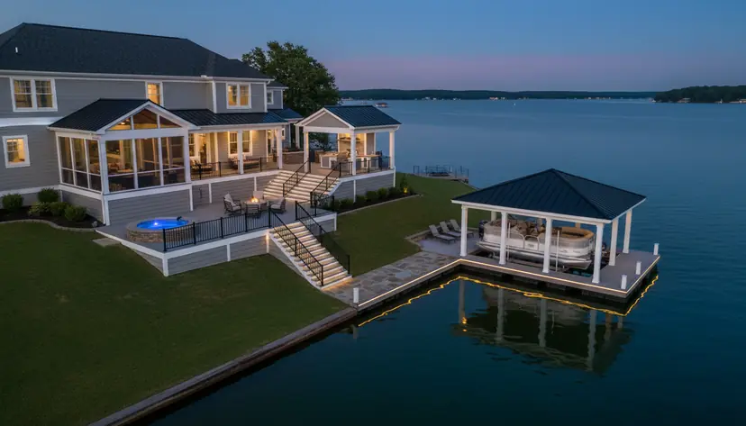 Deck stairs down to the boat slip at dusk