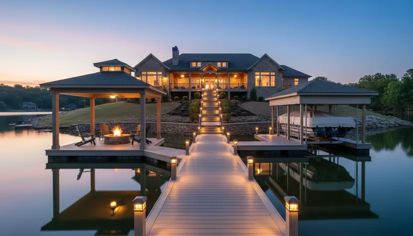 Deck stairs to a dock gazebo at dusk