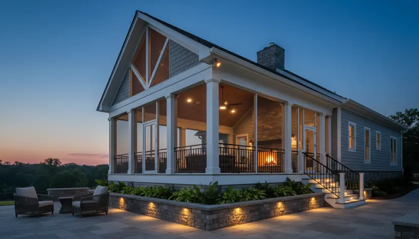 Screened porch with stone fireplace at dusk