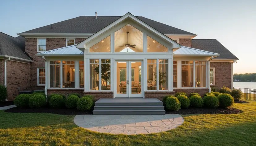 Four-season sunroom at dusk