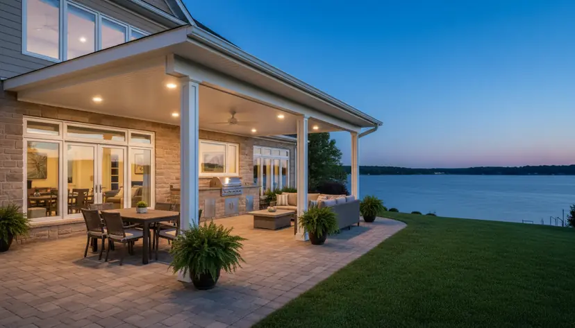 Patio cover over a paver patio at dusk