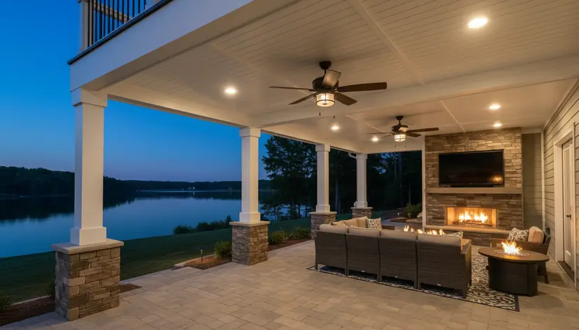 Living room under the deck at dusk