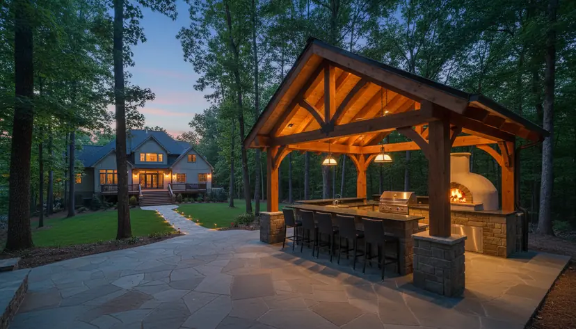 Timber pavilion with pizza oven at dusk