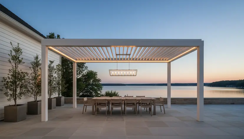 White louvered pergola over dining at dusk