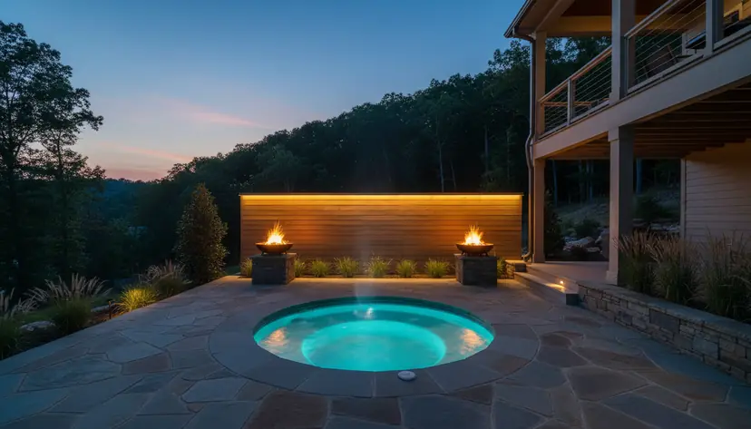 Hot tub courtyard at dusk