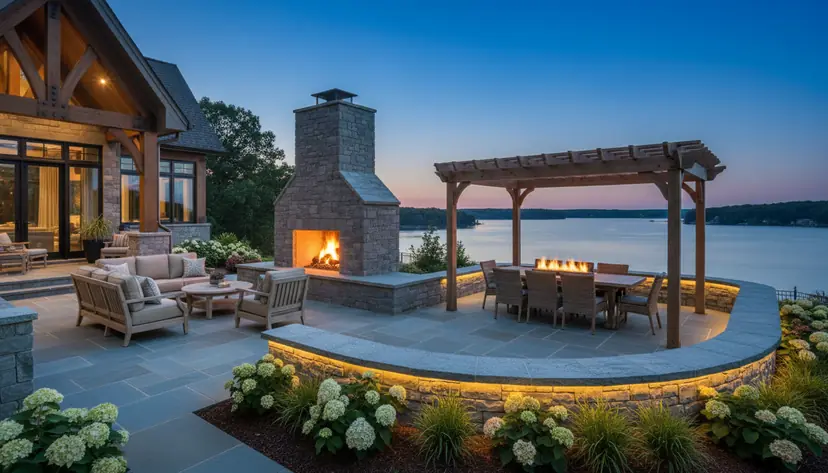 Fireplace patio with pergola dining at dusk