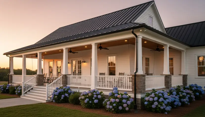 Farmhouse wraparound porch at dusk