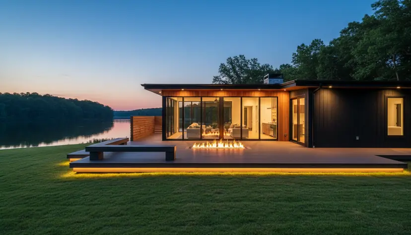 Low modern deck with fire trough at dusk